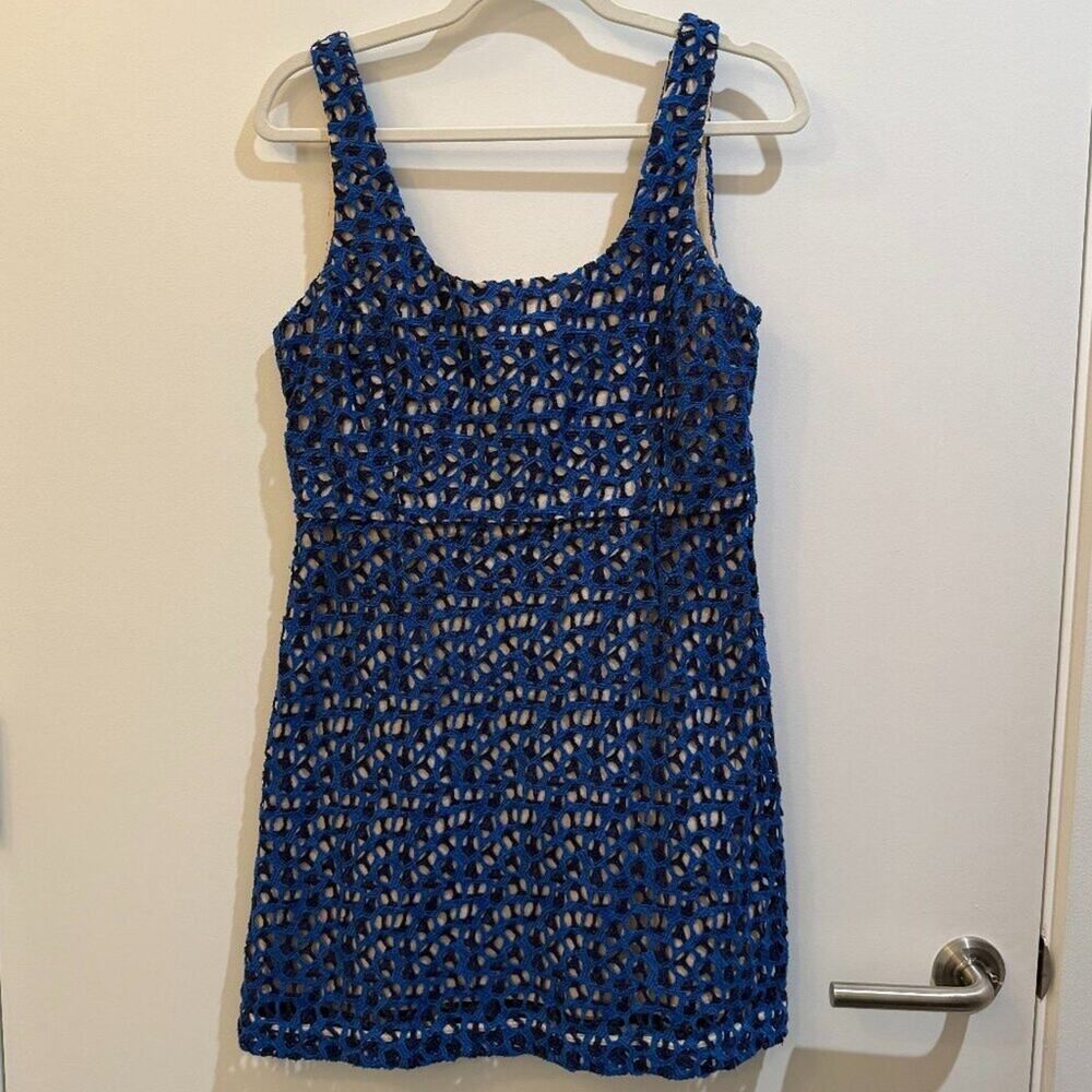 French Connection Wilma Blue Crochet Knit Mini Dress Size 6 Summer Boho - Picture 4 of 13